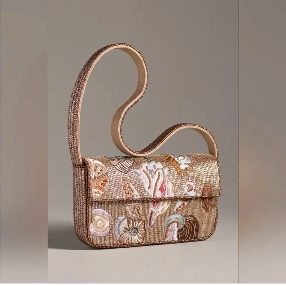 NWT new Anthropologie Fiona beaded sea shell seashell Tan Shoulder Bag purse - Picture 1 of 17